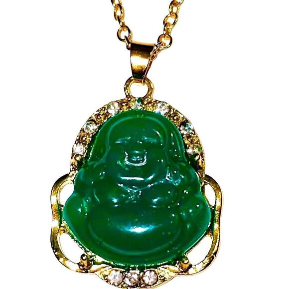 Happy Buddha Good Luck Green Jade Necklace - Picture 1 of 13